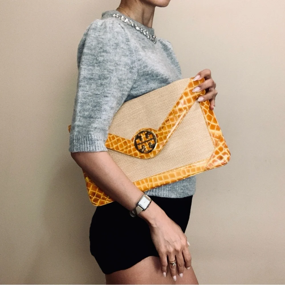 Tory Burch Yellow & Natural Raffia Envelope Crossbody